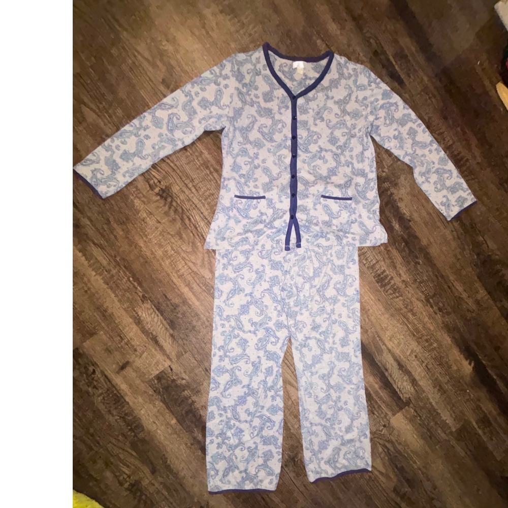 Celestial Dreams Womens Pajama Set Blue Paisley Button Front Long Sleeve Medium